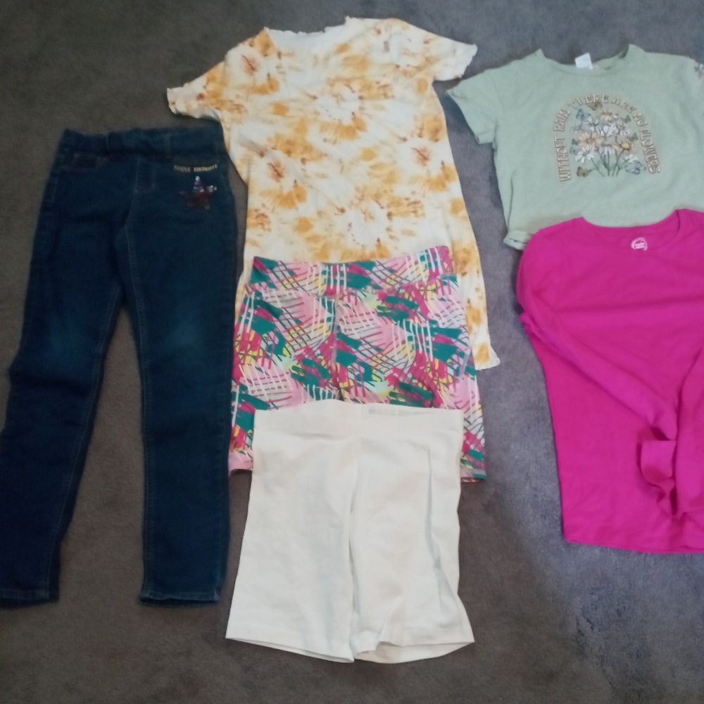 Bundle Set Of 6 Floral Yellow Kids Dress/pants/bottoms/t shirts Size Large 10-12